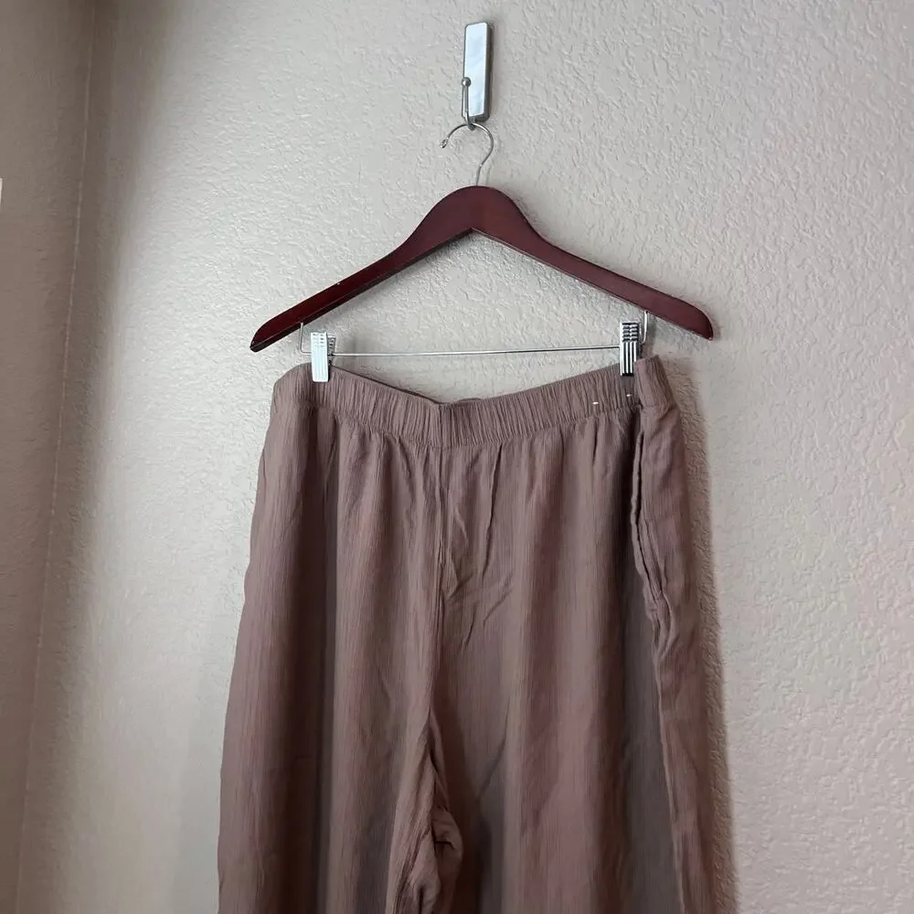 Abercrombie & Fitch A&F Textured Crinkle Wide Leg Viscose Pant Tan Beige XL